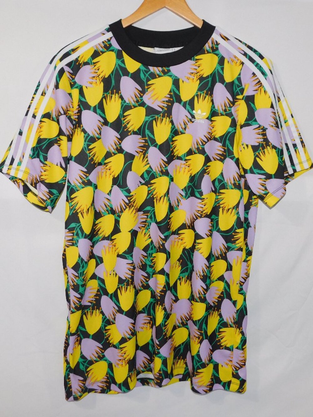 Adidas Originals Bellista Tee Shirt Dress Yellow Purple floral Tropical Womens M